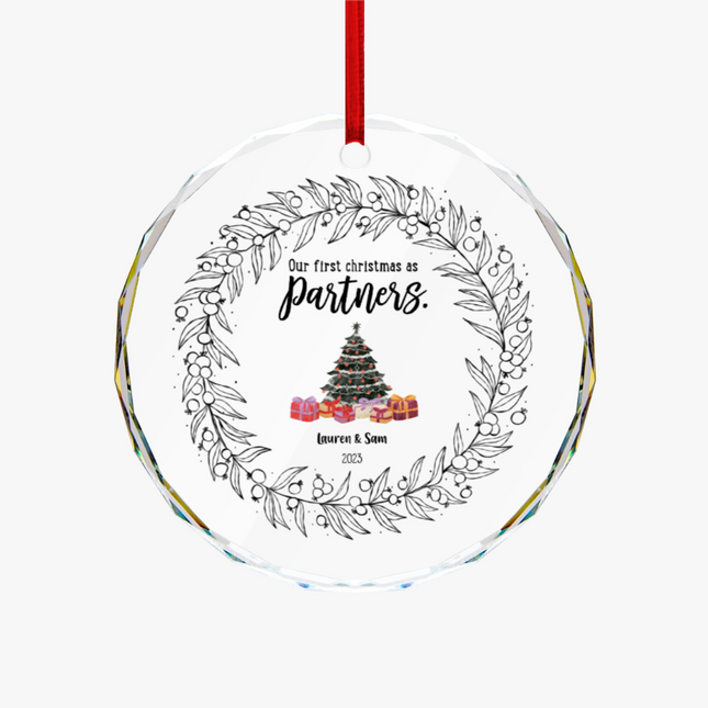 Our First Christmas As Partners Round Glass Ornament