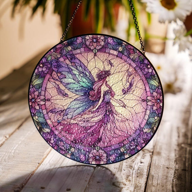 Butterfly Fairy Stained Glass Suncatcher, Purple Flower Fairy Window Hangings, Gift For Mom, Daughter Gift, Fairies Flower Lover Gift
