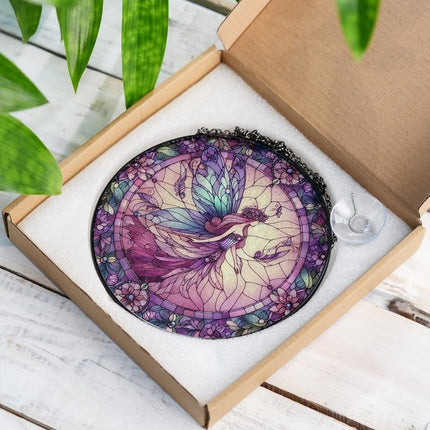 Butterfly Fairy Stained Glass Suncatcher, Purple Flower Fairy Window Hangings, Gift For Mom, Daughter Gift, Fairies Flower Lover Gift