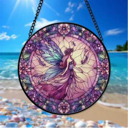 Butterfly Fairy Stained Glass Suncatcher, Purple Flower Fairy Window Hangings, Gift For Mom, Daughter Gift, Fairies Flower Lover Gift