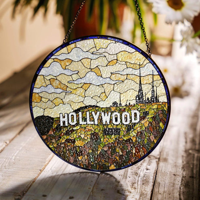 Stained Glass Hollywood Sign Suncatcher Decor Handmade Gift for Movie Lovers