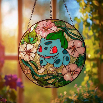Bulbasaur Stained Glass Suncatcher: Anime Window Hanging, Kids Room Decor