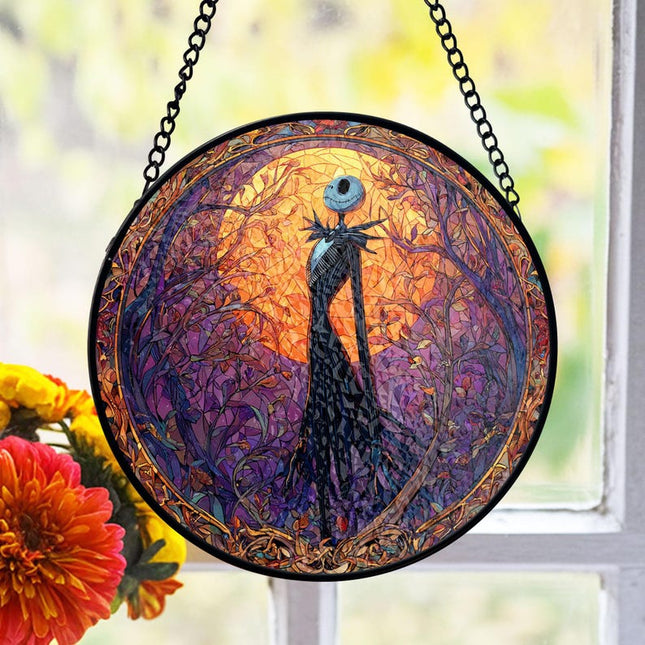 Jack Skellington Stained Glass Suncatcher, Sunset Forest Window Decor, Gothic Halloween Theme, Movie Fans, Spooky Gift Idea