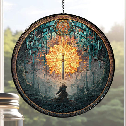 Dark Souls Stained Glass Suncatcher Window Hanging, Artorias Bonfire Ornament, Elden Ring Inspired Gothic Decor for Gamer Gift