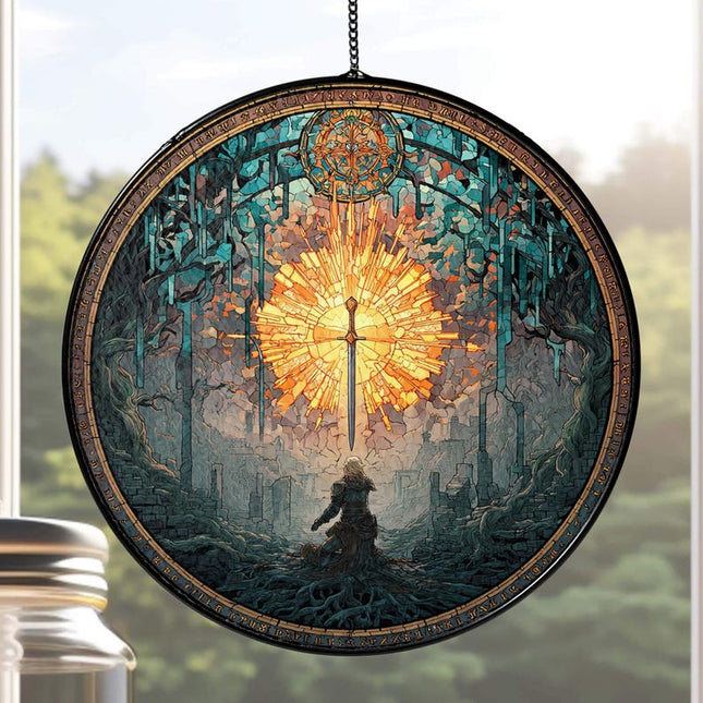 Dark Souls Stained Glass Suncatcher Window Hanging, Artorias Bonfire Ornament, Elden Ring Inspired Gothic Decor for Gamer Gift