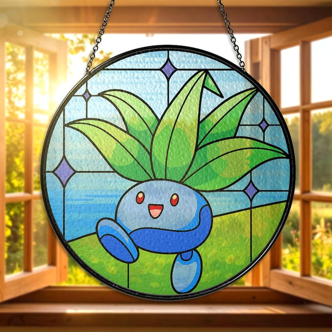 Oddish Stained Glass Suncatcher Cute Oddish Window Hanging Decor, Oddish Botanical Anime Gift for Fans & Collectors, Oddish Suncatcher Decor