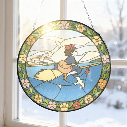 Kiki Stained Glass Suncatcher – Witch Window Hanging – Anime Glass Art Decor – Anime Lover Gift