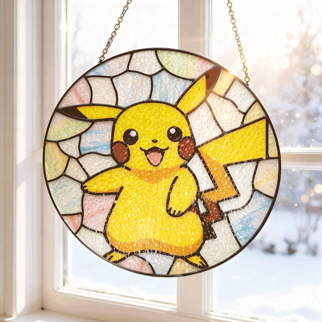 Pikachu Stained Glass Suncatcher Pikachu Window Hanging Decor Colorful Anime Glass Gift for Gamer or Pokémon Fans