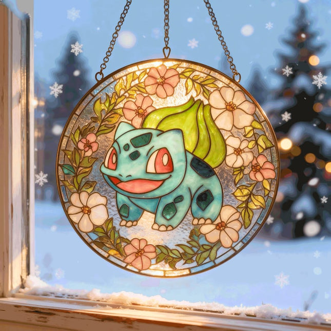 Bulbasaur Stained Glass Suncatcher, Anime Window Hanging, Kids Room Decor