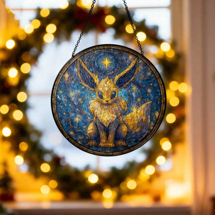Eevee Van Gogh Style Stained Glass Suncatcher, Cute Pokemon Window Hanging, Animal Hanging Suncatcher, Holiday Gift For Her Him