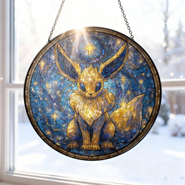 Eevee Van Gogh Style Stained Glass Suncatcher, Cute Pokemon Window Hanging, Animal Hanging Suncatcher, Holiday Gift For Her Him