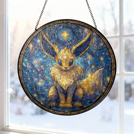 Eevee Van Gogh Style Stained Glass Suncatcher, Cute Pokemon Window Hanging, Animal Hanging Suncatcher, Holiday Gift For Her Him