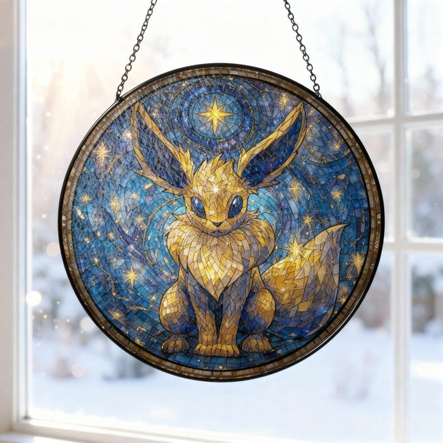Eevee Van Gogh Style Stained Glass Suncatcher, Cute Pokemon Window Hanging, Animal Hanging Suncatcher, Holiday Gift For Her Him