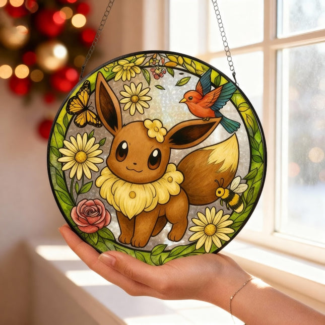 Pokemon Eevee Stained Glass Art – Window Hanging Decor, Flower Garden Design, Anime Fan Gift