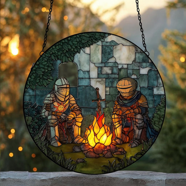Bonfire with Solaire & Siegmeyer Glass Suncatcher, Dark Souls Acrylic Suncatcher, Elden Ring Merch, Game Room Decor, Steam Game Lovers Gifts