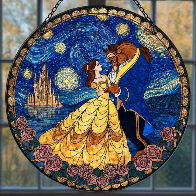 Beauty and the Beast Suncatcher, Starry Night Romantic Gift, Wedding Anniversary Gift, Fairy Tale Stained Art, Arched Window Hanging