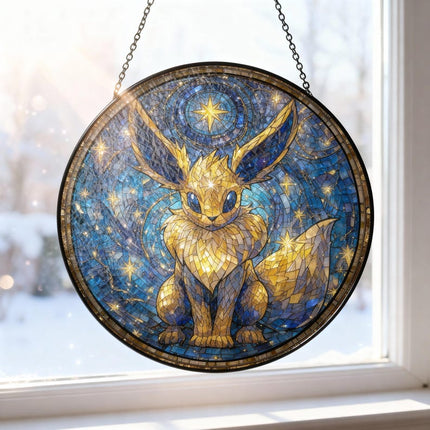 Eevee Van Gogh Style Stained Glass Suncatcher, Cute Pokemon Window Hanging, Animal Hanging Suncatcher, Holiday Gift For Her Him