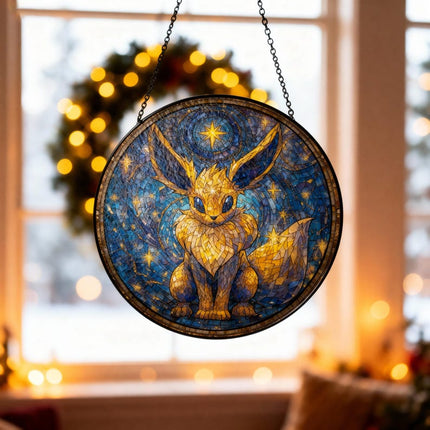 Eevee Van Gogh Style Stained Glass Suncatcher, Cute Pokemon Window Hanging, Animal Hanging Suncatcher, Holiday Gift For Her Him