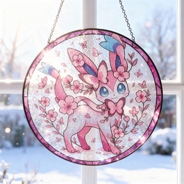 Sylveon Stained Glass Window Hanging, Cute Pokémon Decor, Cherry Blossom Gift for Anime Fans, Pokémon Gift For Home Decor