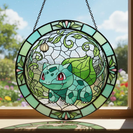 Bulbasaur Stained Glass Suncatcher, Floral Anime Decor