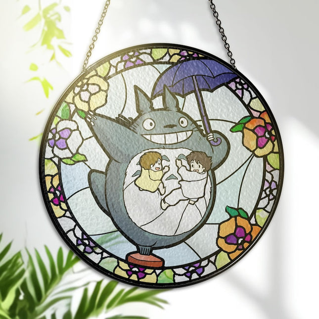 My Neighbor Glass Suncatcher – Studio Ghibli Glass Art – Printed Window Hanging – Forest Spirit Wall Decor – Anime Lover Gift