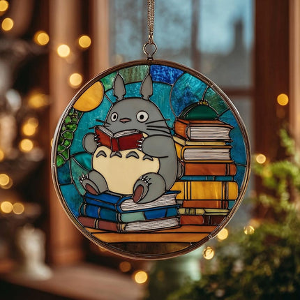 Totoro Reading Glass Suncatcher, Stained Glass Anime Window Art, Studio Ghibli Gift, Bookish Home Decor