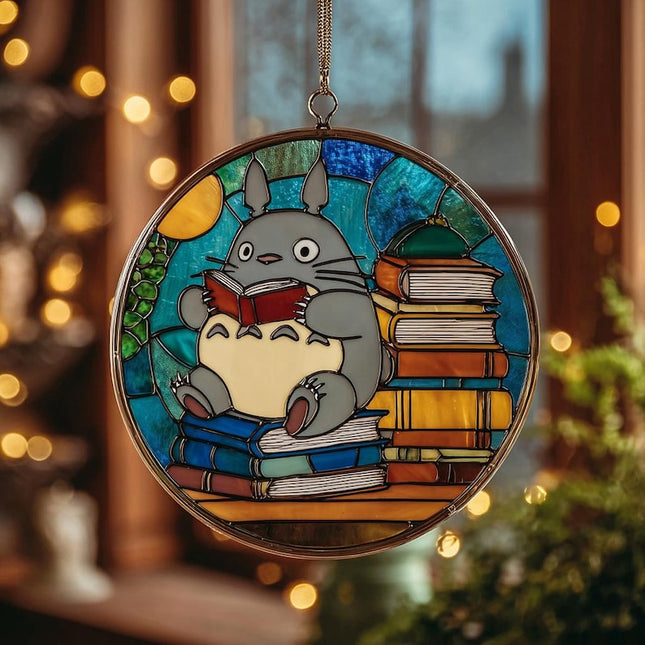 Totoro Reading Glass Suncatcher, Stained Glass Anime Window Art, Studio Ghibli Gift, Bookish Home Decor