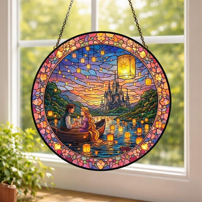 Rapunzel and Flynn Rider Scene Glass Suncatcher, Tangled Movie Night Lake Moment, Romantic Stained Glass, Valentine's Gift