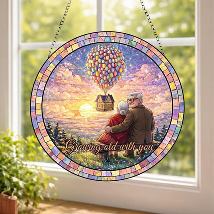 Carl and Ellie Growing Old With You Scene Glass Suncatcher, Up Movie Balloon House Sunset Suncatcher, Anniversary Gift for Husband Wife