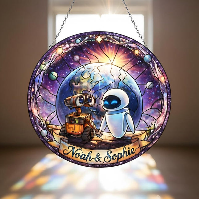 WALL·E and EVE Love Scene Glass Suncatcher, Pixar Robot Romance Earth Space, Disney Suncatcher, Anniversary Gift for Husband Wife