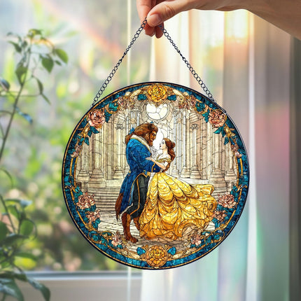 Beauty And The Beast Acrylic Suncatcher, Stained Glass Style Romantic Couple Window Hanging, Fairytale Love Decor, Princess Movie Inspired
