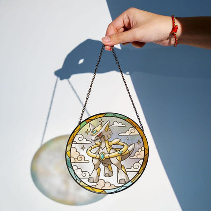 Arceus Stained Glass Suncatcher Ornament – Legendary Pokemon Window Hanging Decor, Anime Fan Gift, Stained Glass Style Art