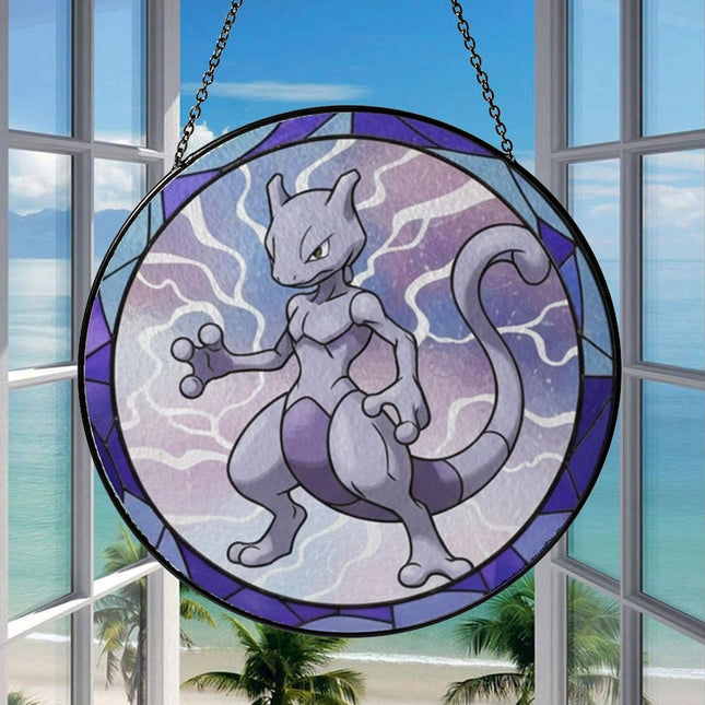 Mewtwo Acrylic Suncatcher – Legendary Pokemon Window Hanging Decor, Mewtwo Stained Glass Style Ornament, Anime Fan Gift, Pokemon Room Decor
