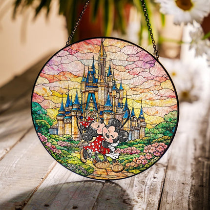 Mickey Minnie Stained Glass Suncatcher, Anniversary Gift for Husband Wife, Disney Couple Decor