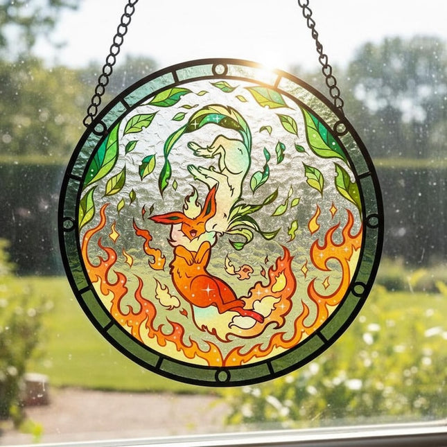 Flareon & Leafeon Stained Glass Window Hanging, Cute Pokémon Decor, Cherry Blossom Gift for Anime Fans, Pokémon Gift For Home Decor