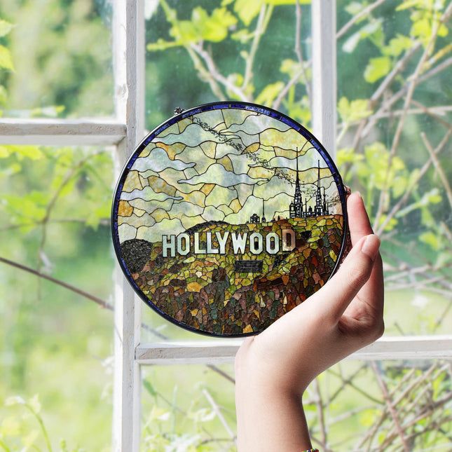 Stained Glass Hollywood Sign Suncatcher Decor Handmade Gift for Movie Lovers