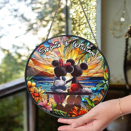 Personalized Stained Glass Disney Couple Romantic Sunset Window Hanging Suncatcher, Custom Mickey and Minnie Ornament, Mouse Ornaments