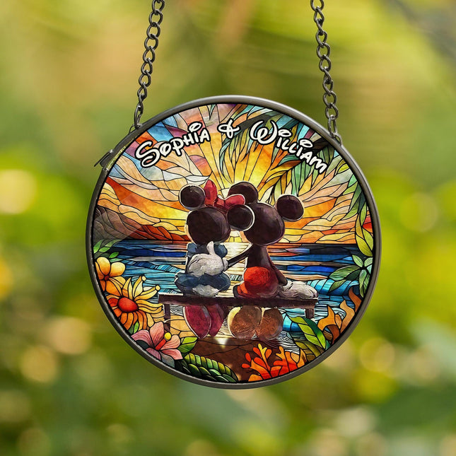 Personalized Stained Glass Disney Couple Romantic Sunset Window Hanging Suncatcher, Custom Mickey and Minnie Ornament, Mouse Ornaments