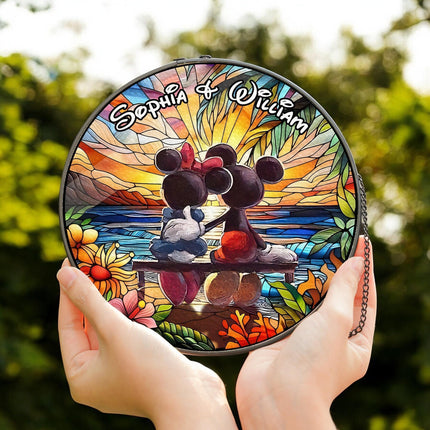Personalized Stained Glass Disney Couple Romantic Sunset Window Hanging Suncatcher, Custom Mickey and Minnie Ornament, Mouse Ornaments