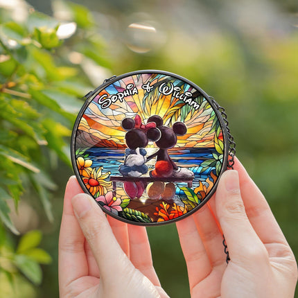 Personalized Stained Glass Disney Couple Romantic Sunset Window Hanging Suncatcher, Custom Mickey and Minnie Ornament, Mouse Ornaments
