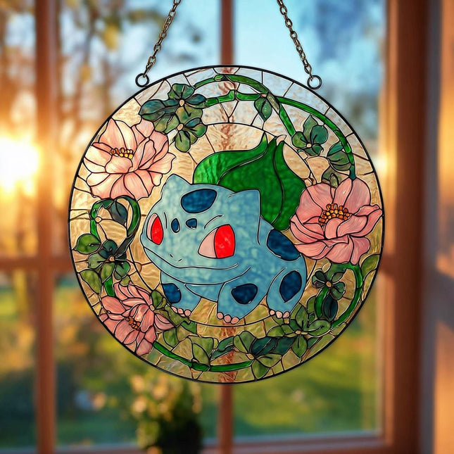 Bulbasaur Stained Glass Suncatcher: Anime Window Hanging, Kids Room Decor