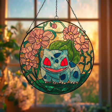 Bulbasaur Stained Glass Suncatcher: Anime Window Hanging, Kids Room Decor