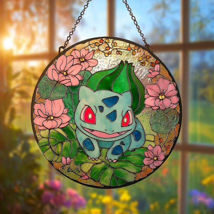 Bulbasaur Stained Glass Suncatcher: Anime Window Hanging, Kids Room Decor