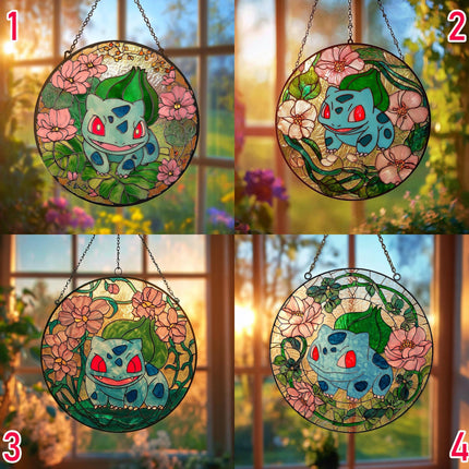 Bulbasaur Stained Glass Suncatcher: Anime Window Hanging, Kids Room Decor