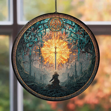 Dark Souls Stained Glass Suncatcher Window Hanging, Artorias Bonfire Ornament, Elden Ring Inspired Gothic Decor for Gamer Gift
