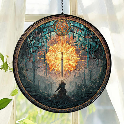 Dark Souls Stained Glass Suncatcher Window Hanging, Artorias Bonfire Ornament, Elden Ring Inspired Gothic Decor for Gamer Gift