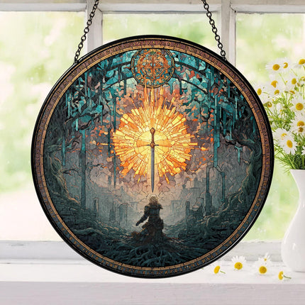 Dark Souls Stained Glass Suncatcher Window Hanging, Artorias Bonfire Ornament, Elden Ring Inspired Gothic Decor for Gamer Gift