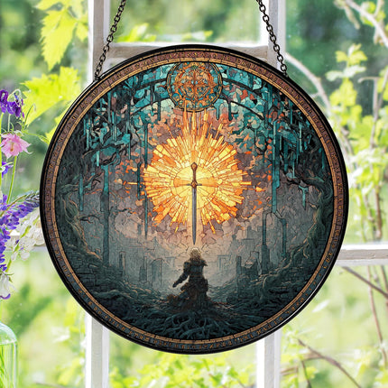 Dark Souls Stained Glass Suncatcher Window Hanging, Artorias Bonfire Ornament, Elden Ring Inspired Gothic Decor for Gamer Gift