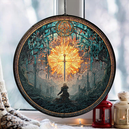 Dark Souls Stained Glass Suncatcher Window Hanging, Artorias Bonfire Ornament, Elden Ring Inspired Gothic Decor for Gamer Gift