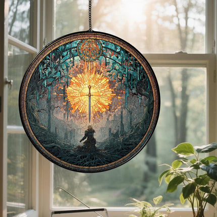 Dark Souls Stained Glass Suncatcher Window Hanging, Artorias Bonfire Ornament, Elden Ring Inspired Gothic Decor for Gamer Gift